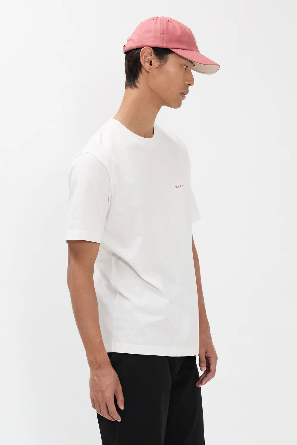 Side view Norse Projects Dyrehaven organic logo t-shirt white