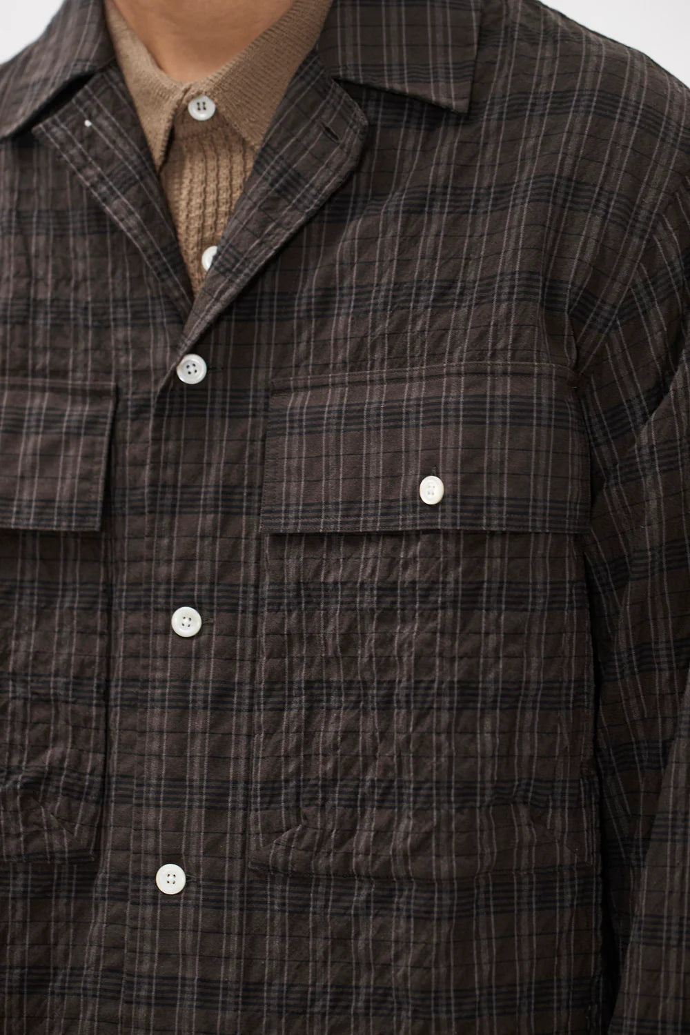 Front detail Norse Projects Mols hunting check shirt brown corozo buttons