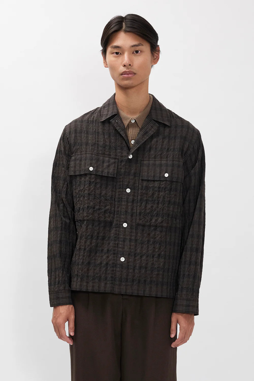 Model wearing Norse Projects Mols hunting check shirt delicioso brown relaxed fit
