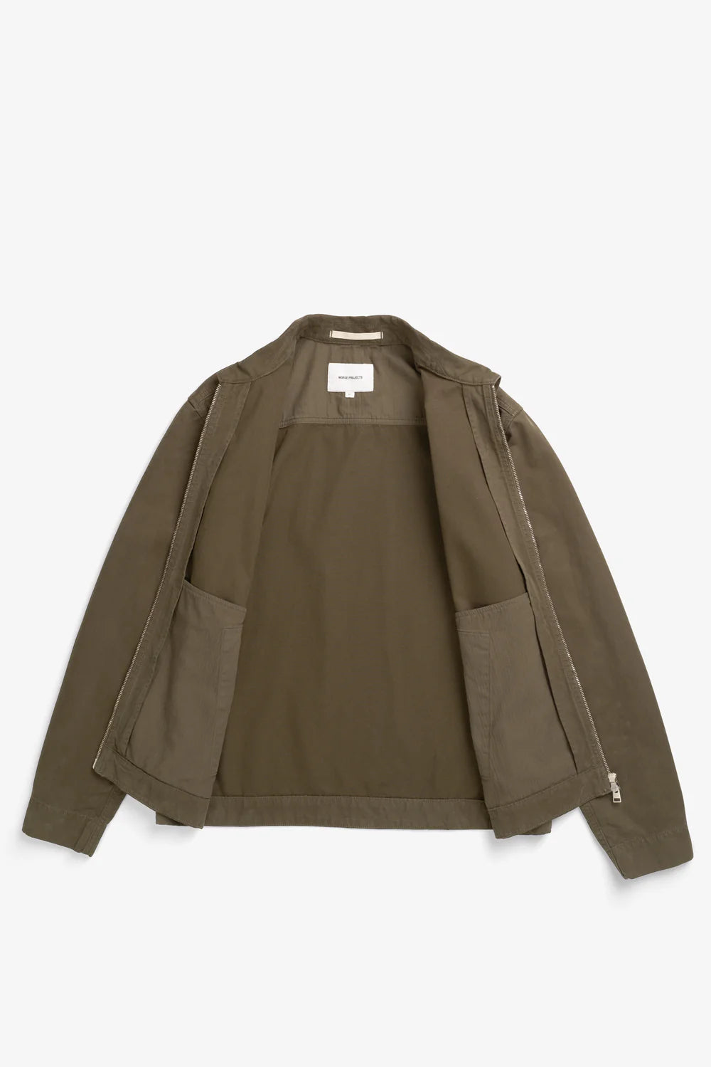 Open view Norse Projects Raabjerg canvas jacket olive night structured silhouette