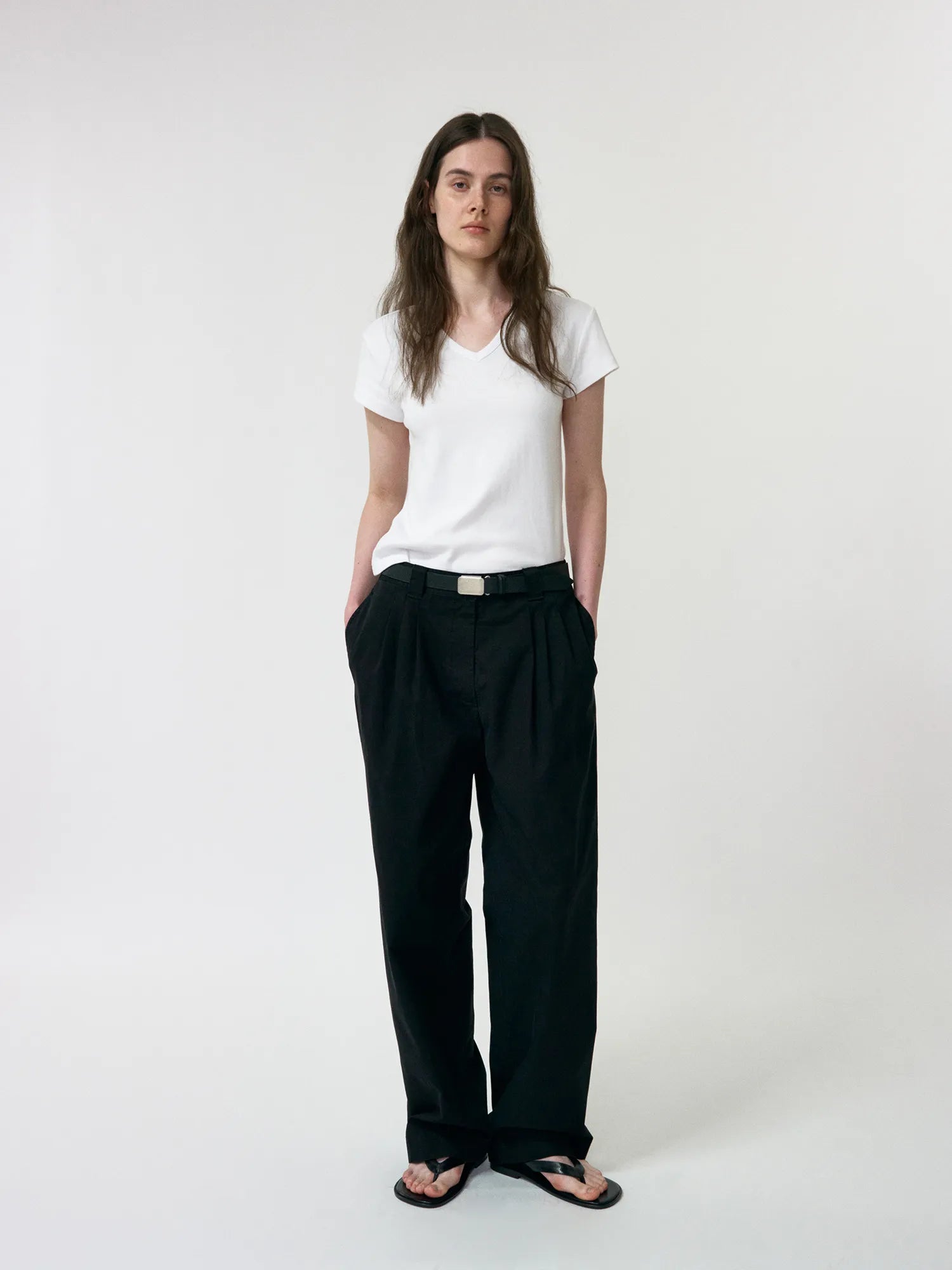 Full outfit styling with NOTHING WRITTEN 90s V-Neck T-Shirt in White