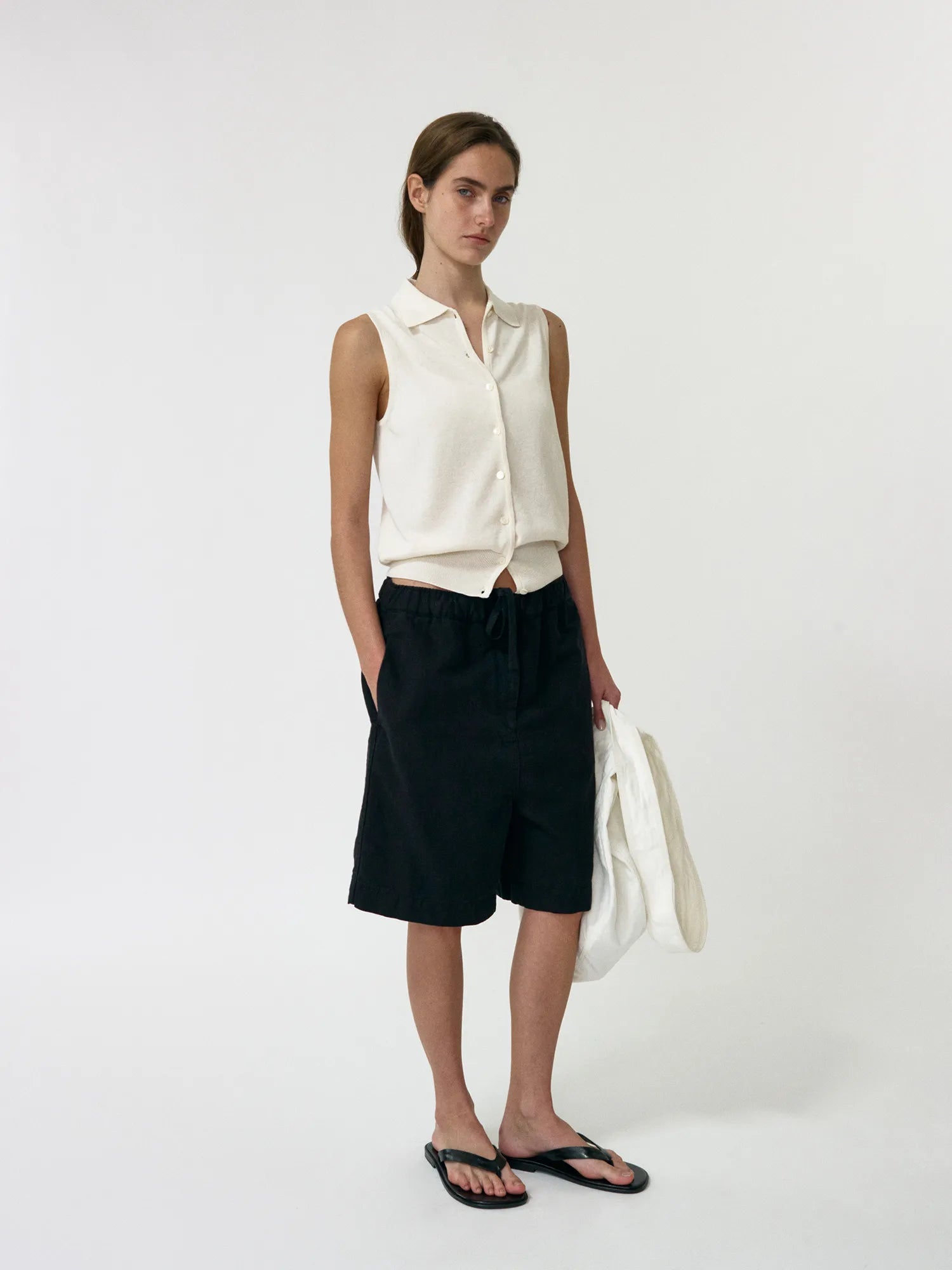 Full outfit styling with NOTHING WRITTEN Lash Sleeveless Knit Top in Ivory