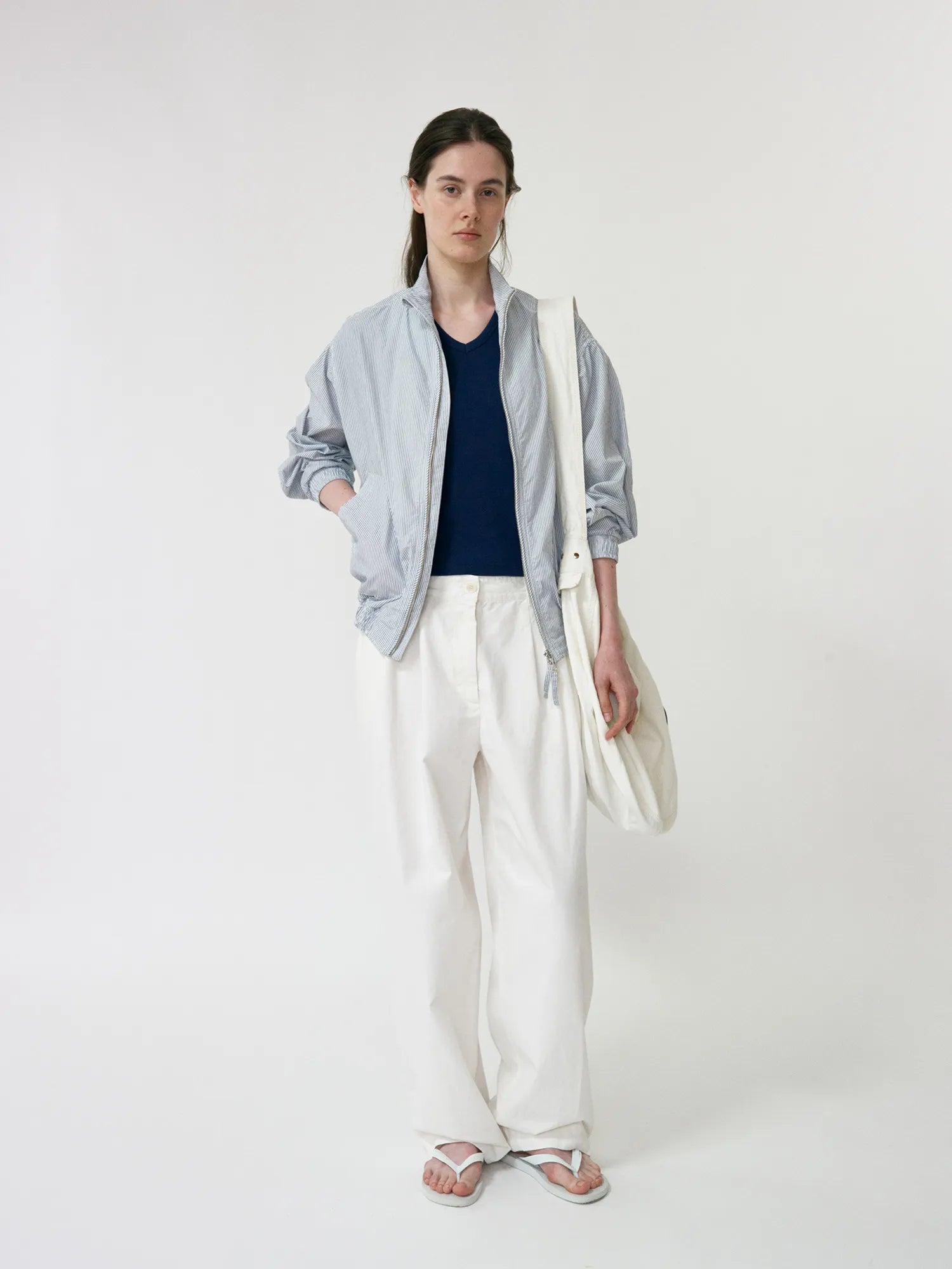 Full outfit styling with NOTHING WRITTEN Panny Harrington Jacket in Stripe