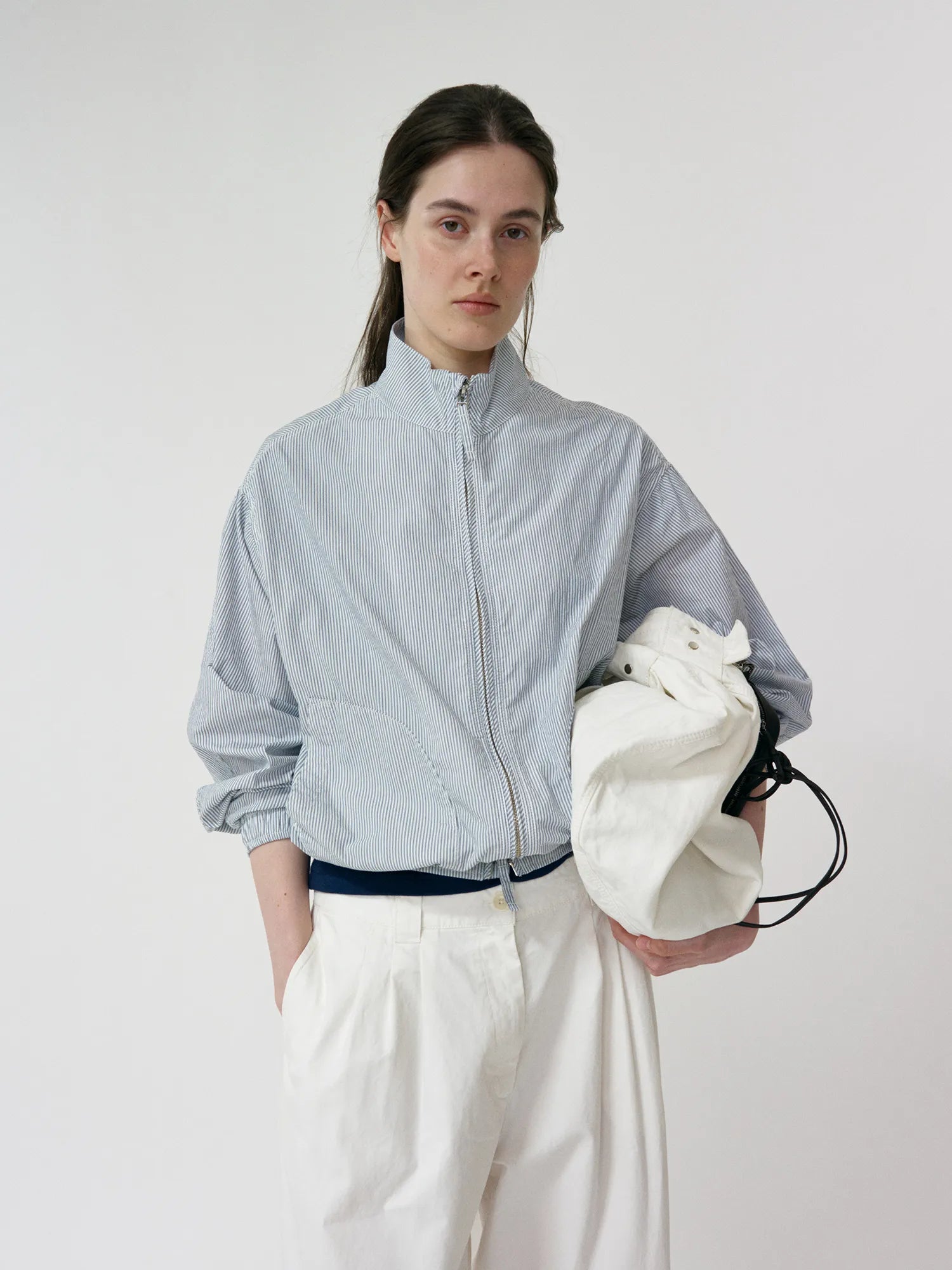 Model wearing NOTHING WRITTEN Panny Harrington Jacket in Stripe