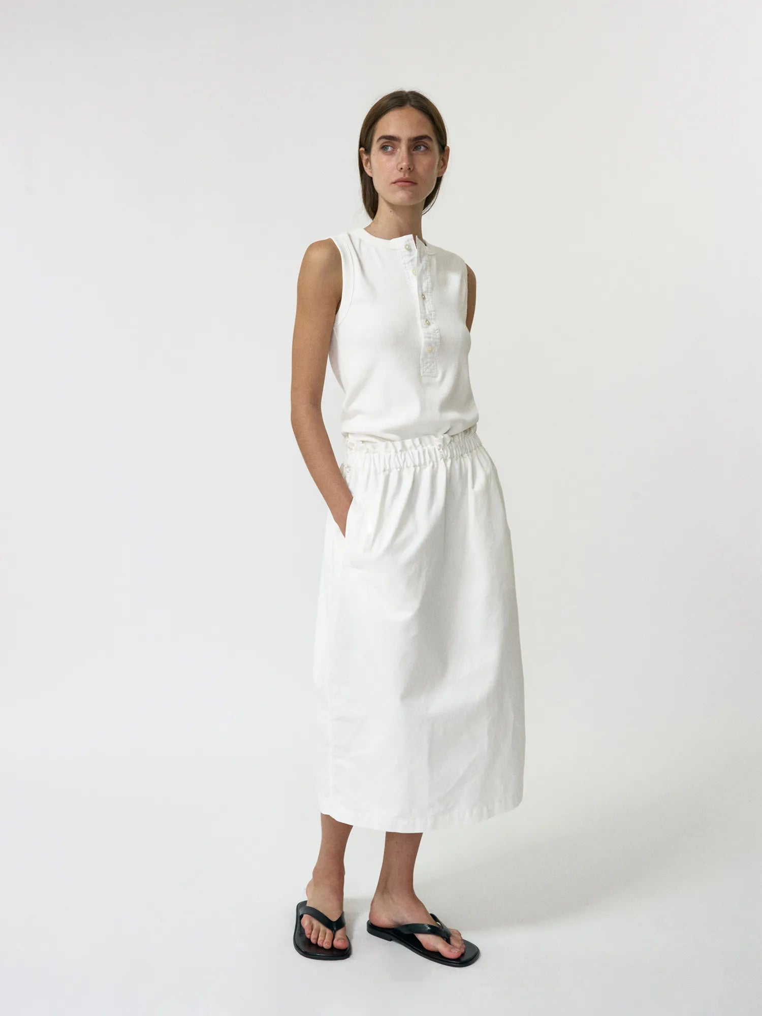 Full outfit styling with NOTHING WRITTEN Shirring Band Cotton Skirt in White