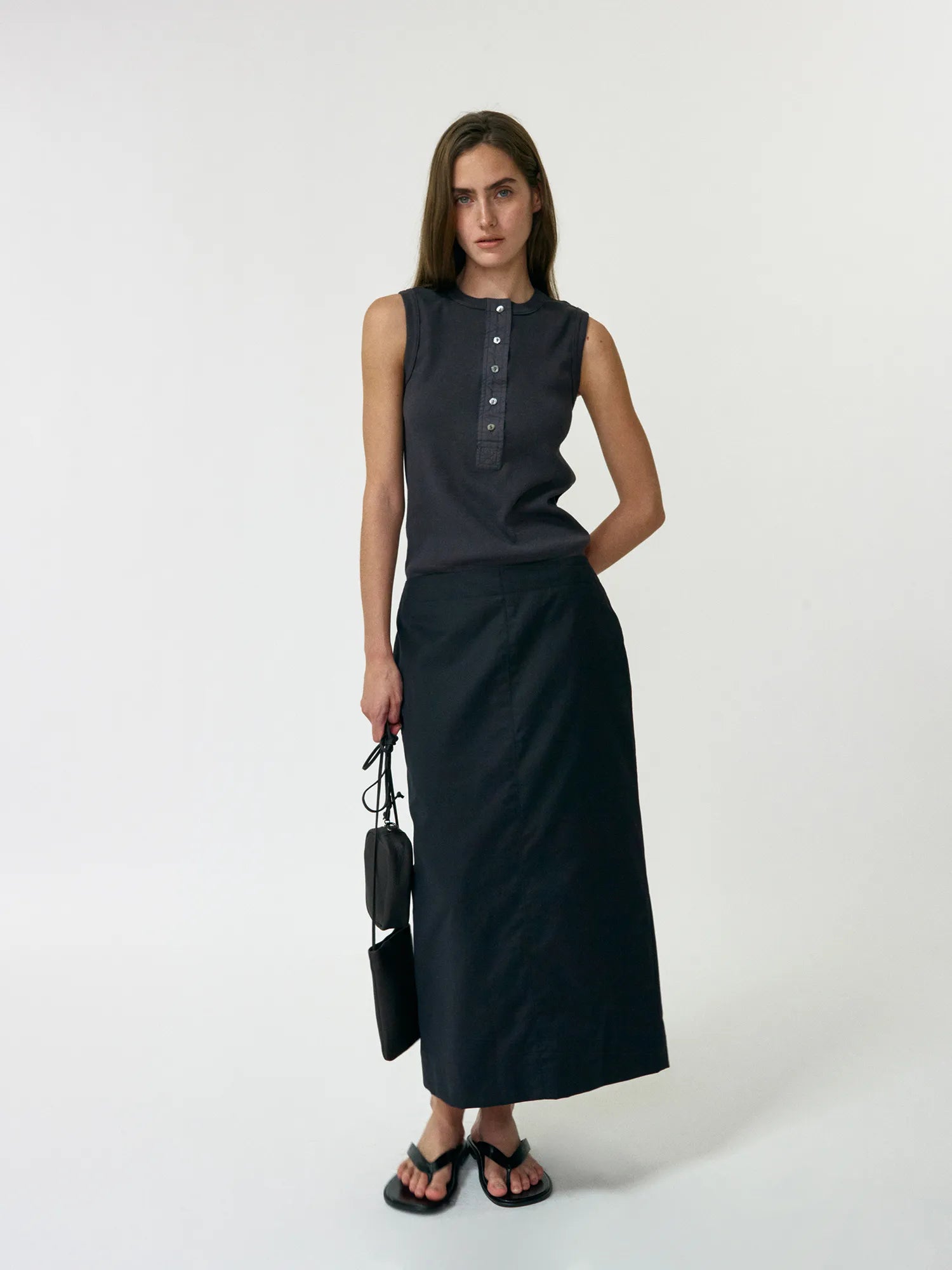 Front styling of NOTHING WRITTEN Tina Henley Neck Sleeveless in Washed Black