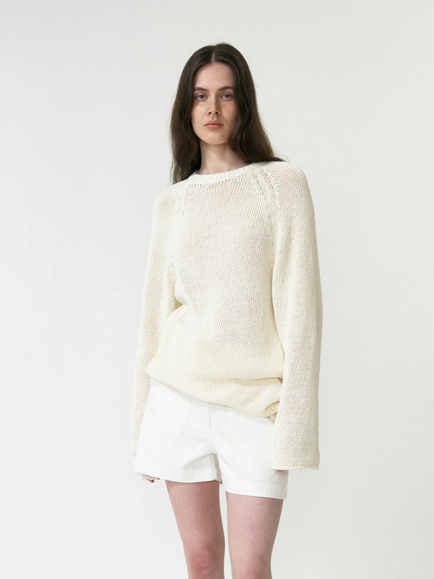 Full styling of NOTHING WRITTEN Washed Cotton Shorts in White Ivory