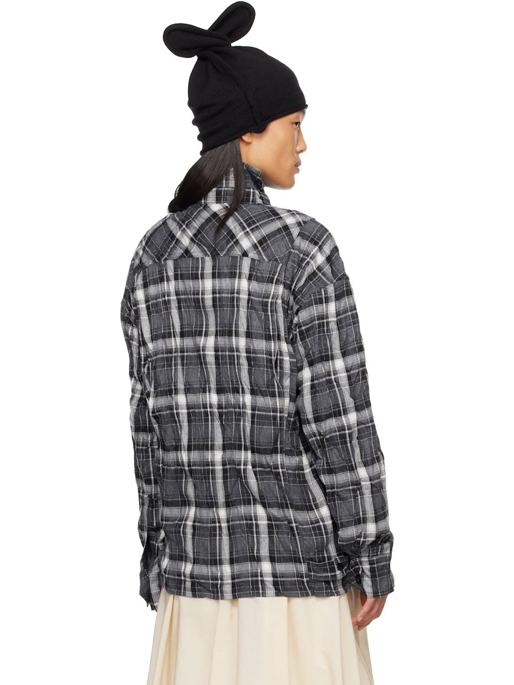 Back view of OPEN YY Checkered Crinkle Ruffle Shirt in Black worn