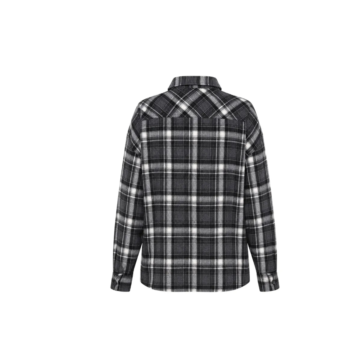 Back view of OPEN YY Checkered Crinkle Ruffle Shirt in Black