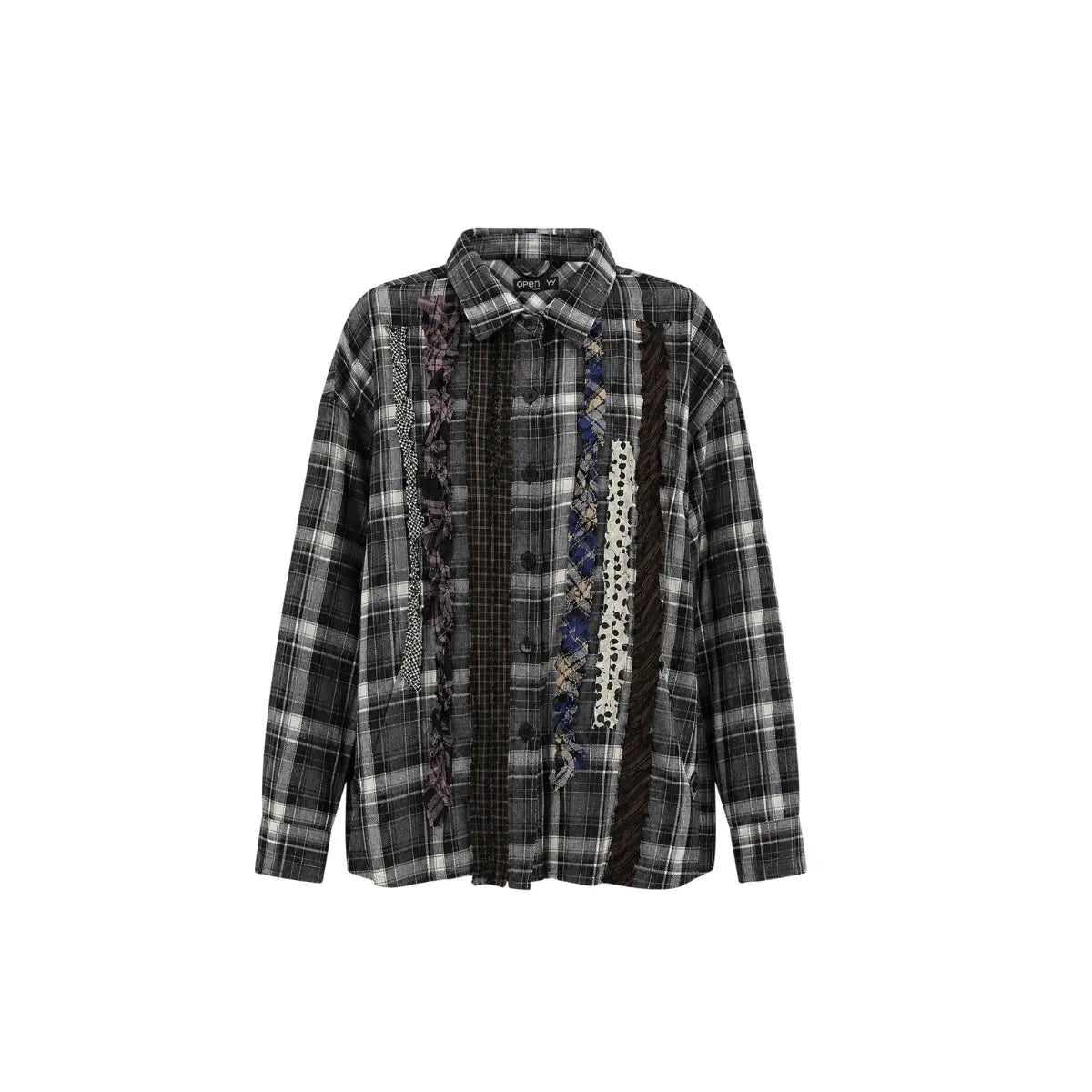 OPEN YY Checkered Crinkle Ruffle Shirt in Black