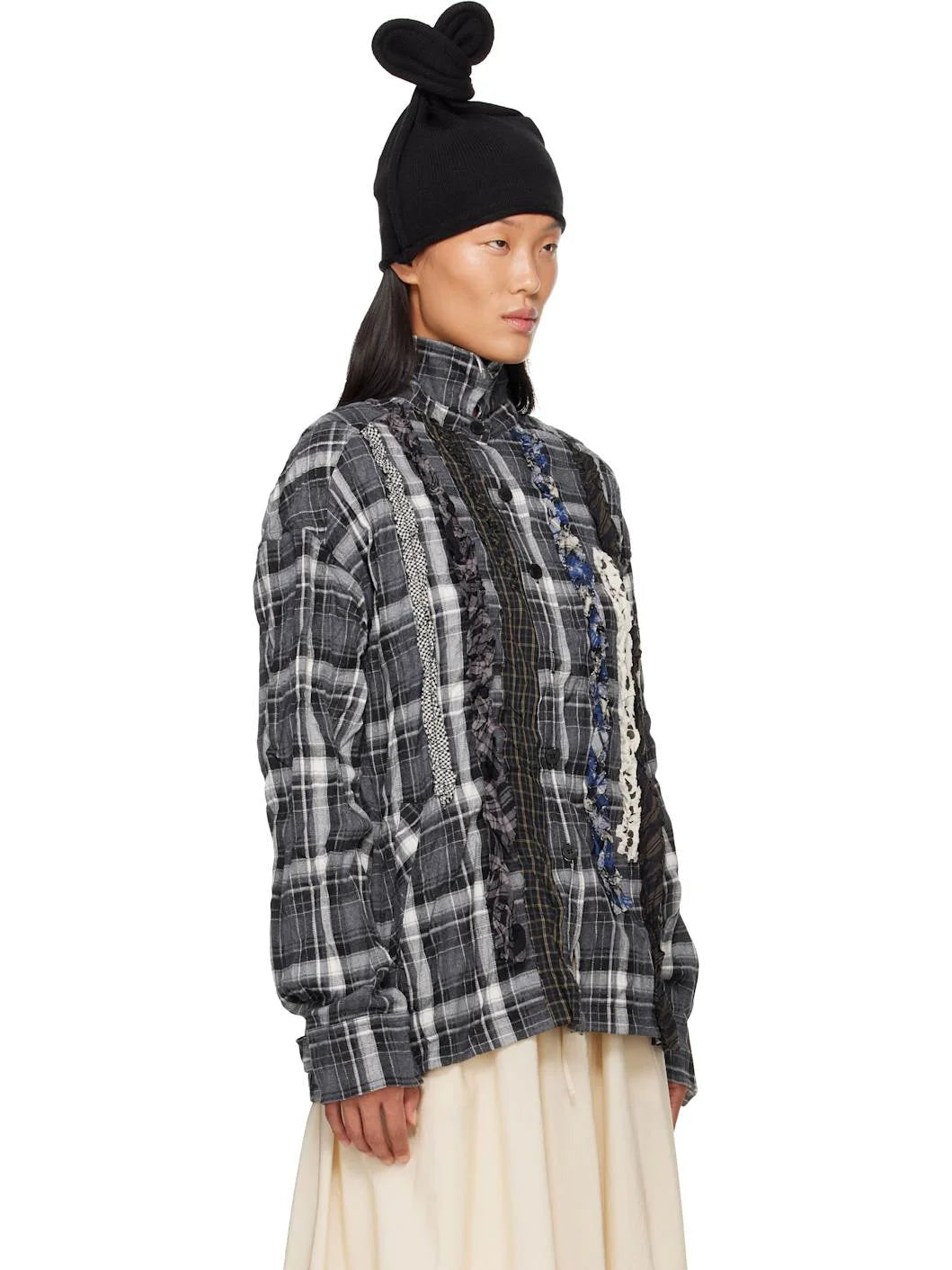 Side view of OPEN YY Checkered Crinkle Ruffle Shirt in Black worn