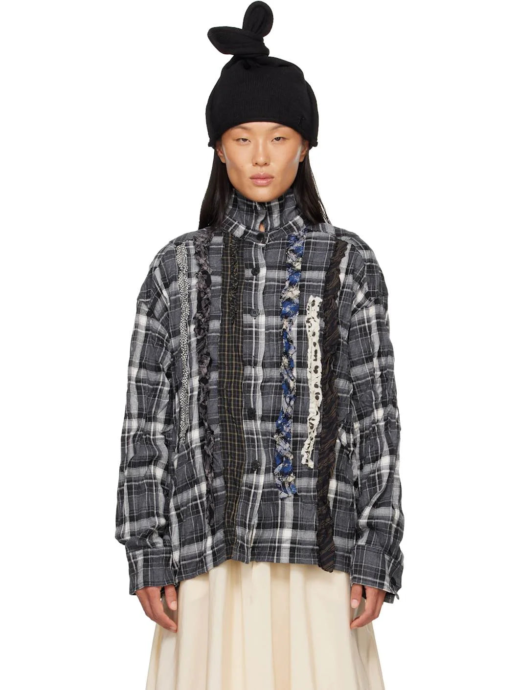 OPEN YY Checkered Crinkle Ruffle Shirt in Black worn