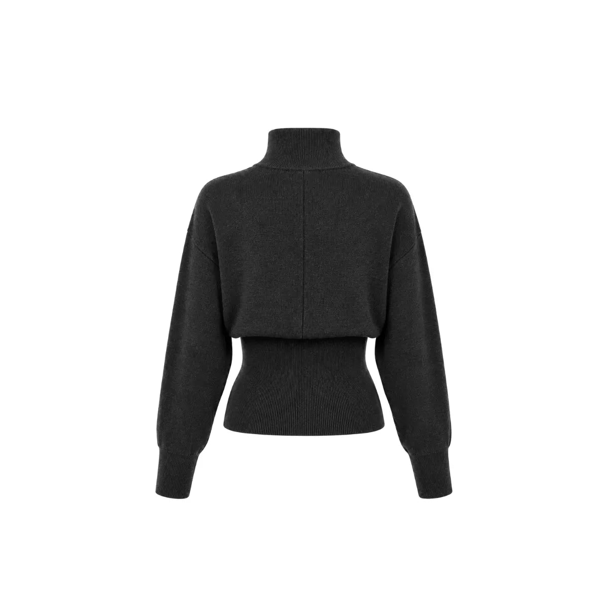 Detail of OPEN YY Knitted Button Up Blouson Cardigan in Charcoal Black