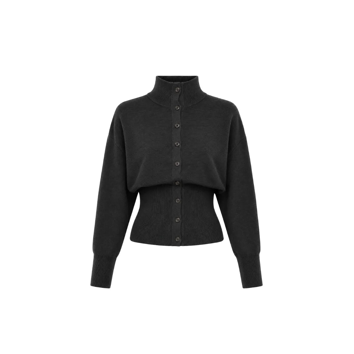 OPEN YY Knitted Button Up Blouson Cardigan in Charcoal Black