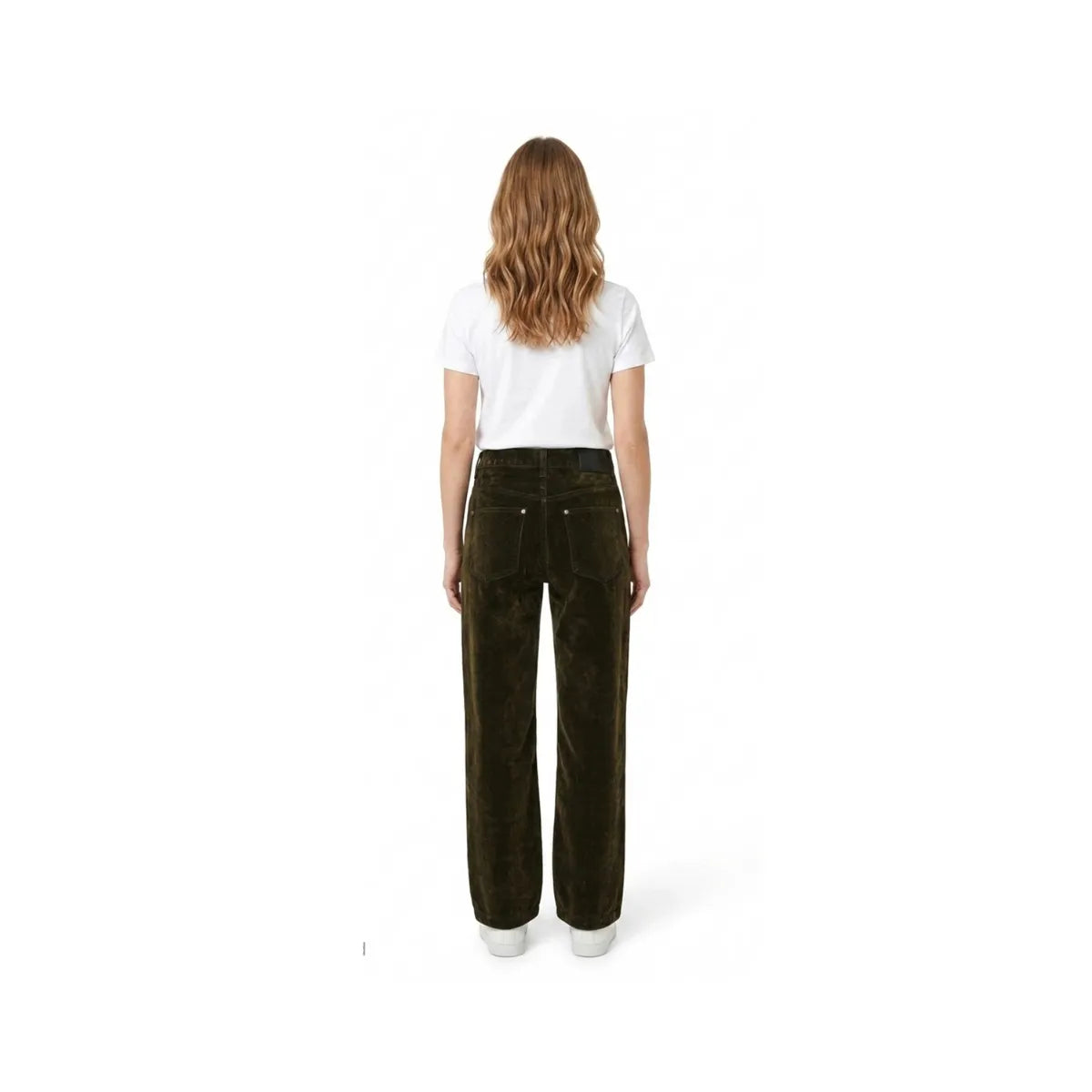 Back view of OPEN YY Velvet Denim Curved Jean in Green worn