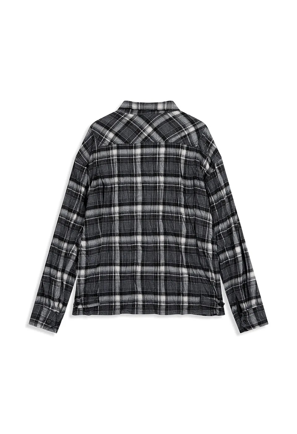 Back view of OPENYY Checkered Crinkle Ruffle Shirt in Black