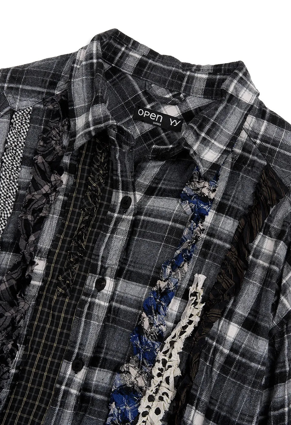 Fabric detail of OPENYY Checkered Crinkle Ruffle Shirt in Black