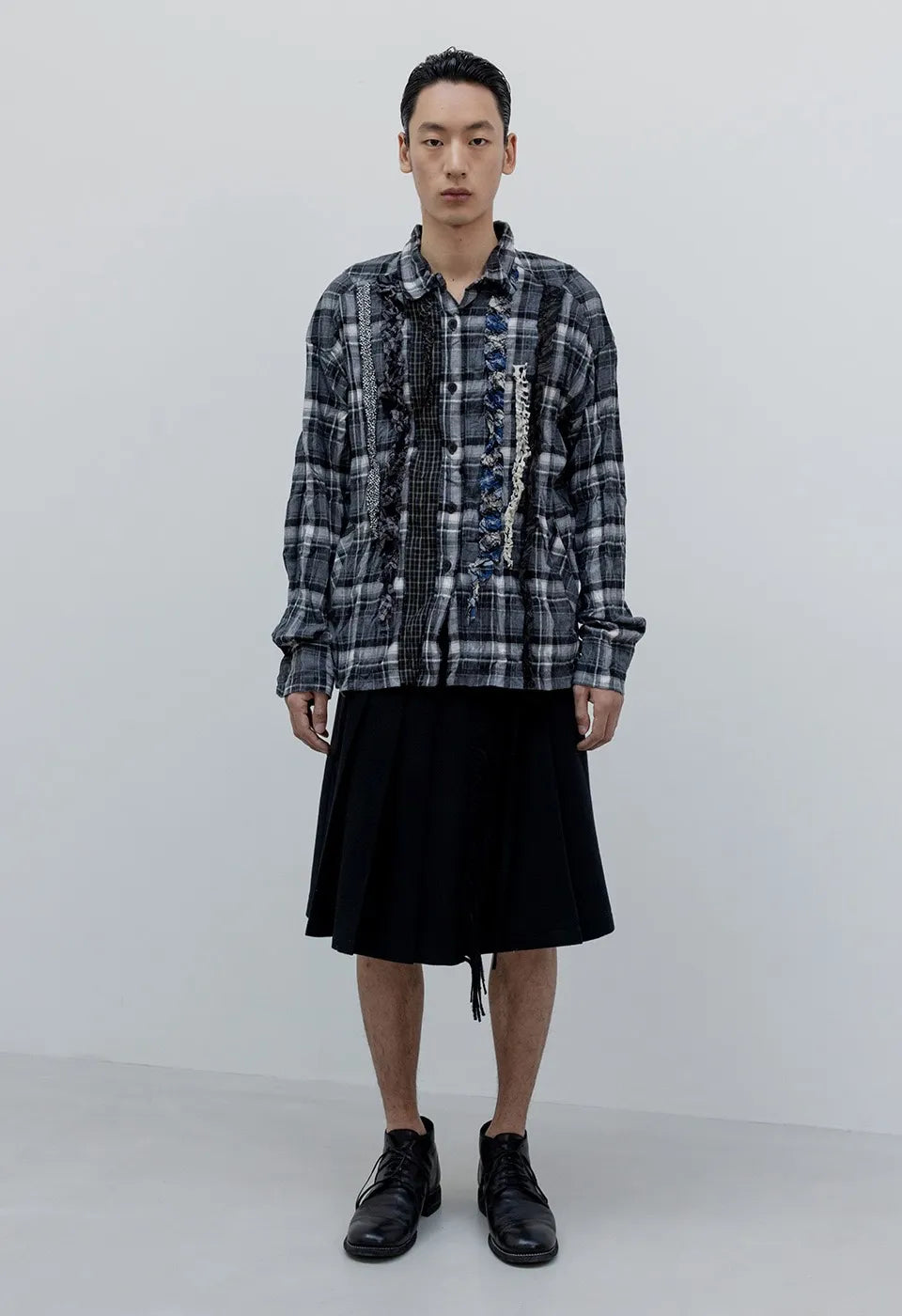 OPENYY Checkered Crinkle Ruffle Shirt in Black worn