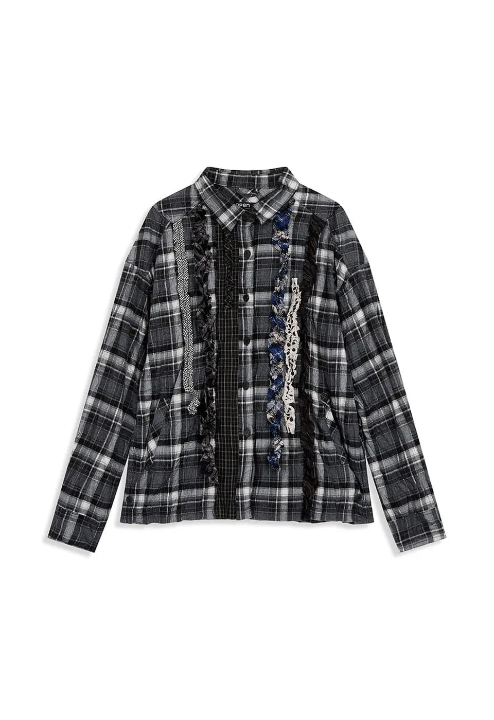 OPENYY Checkered Crinkle Ruffle Shirt in Black