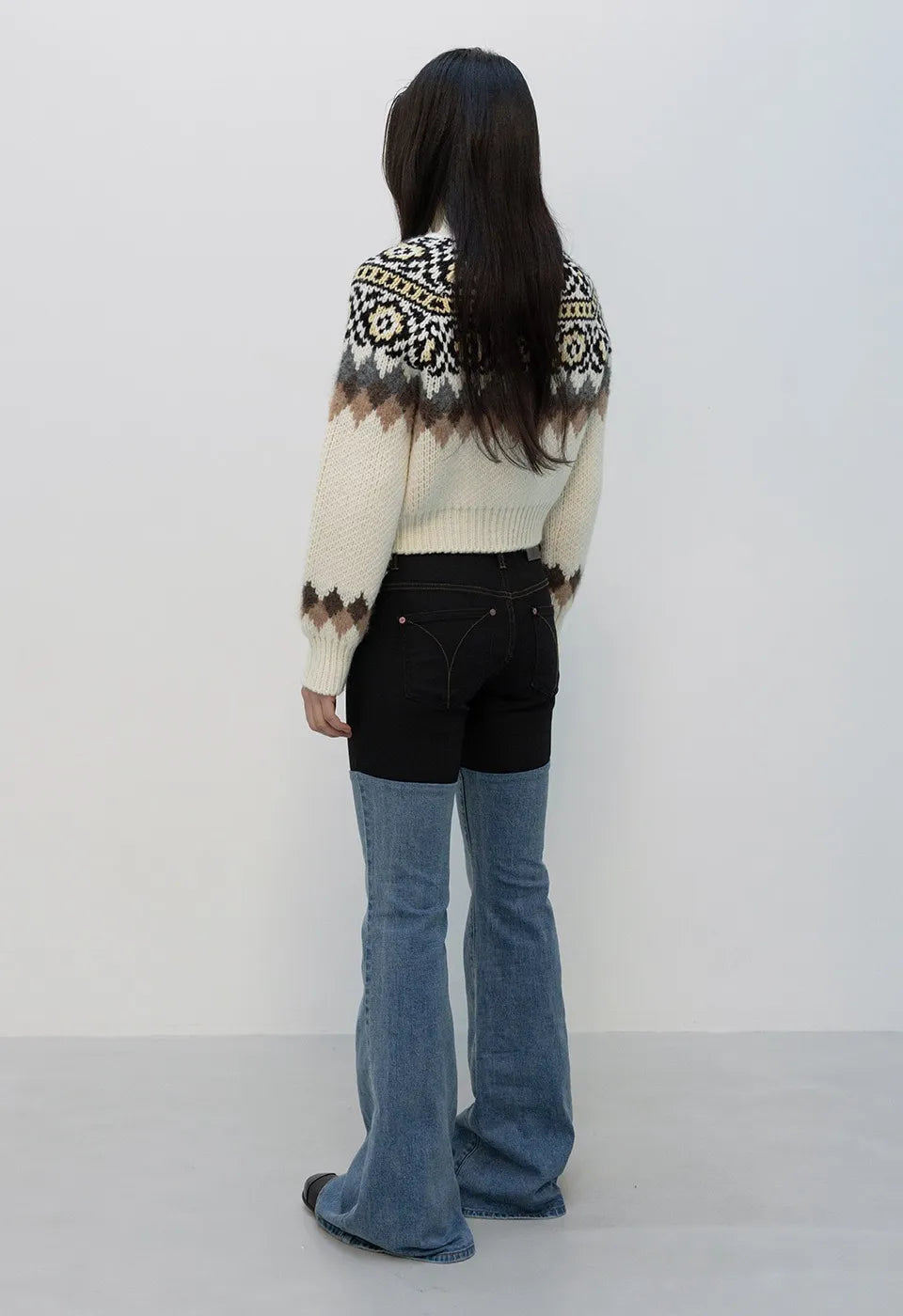 Back view of OPENYY Color Block Bootcut Jeans in Blue worn