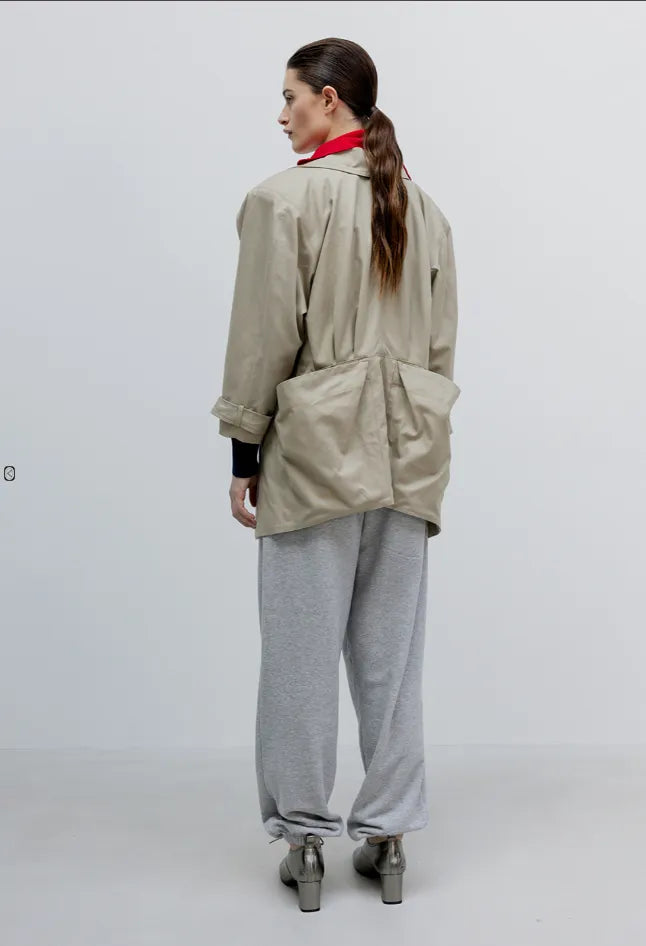 Back view of OPENYY Drop Collar Half-Trench Jacket in Beige worn