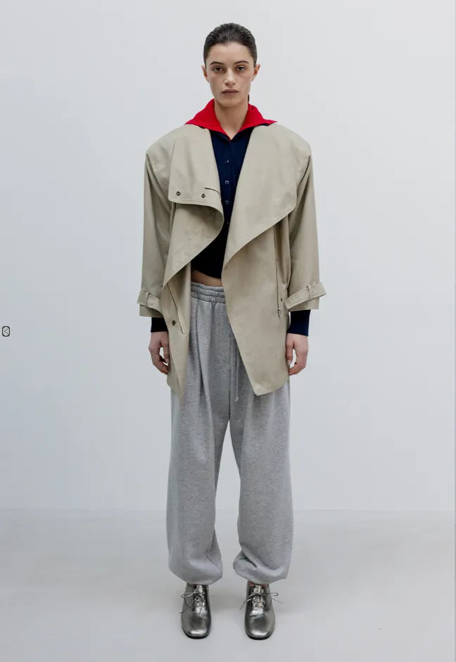 OPENYY Drop Collar Half-Trench Jacket in Beige worn