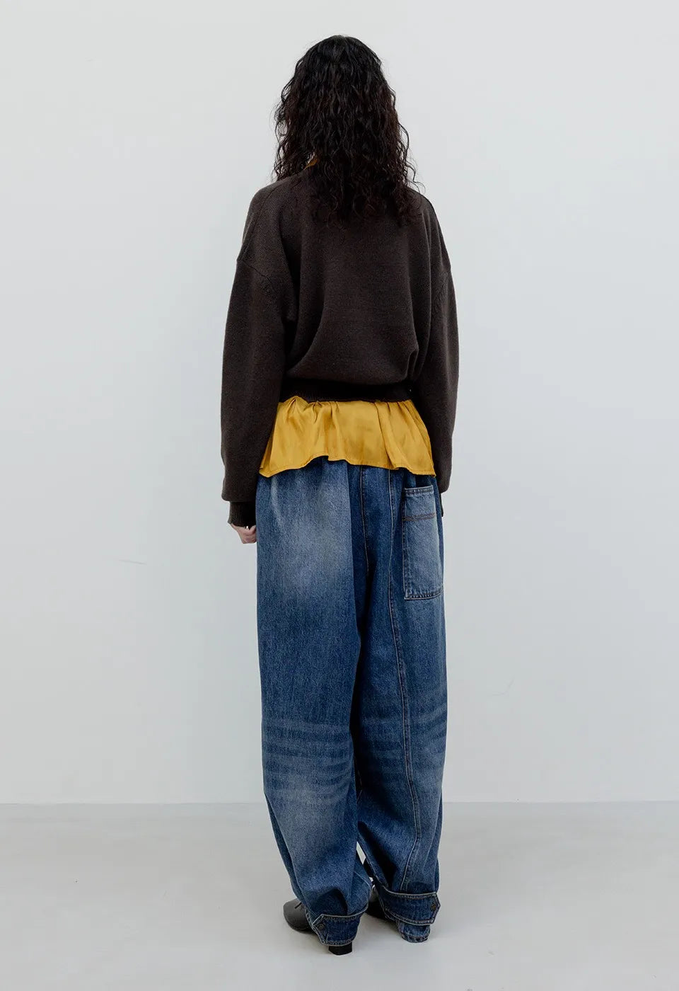 Back view of OPENYY Full Gathered Jeans in Blue worn