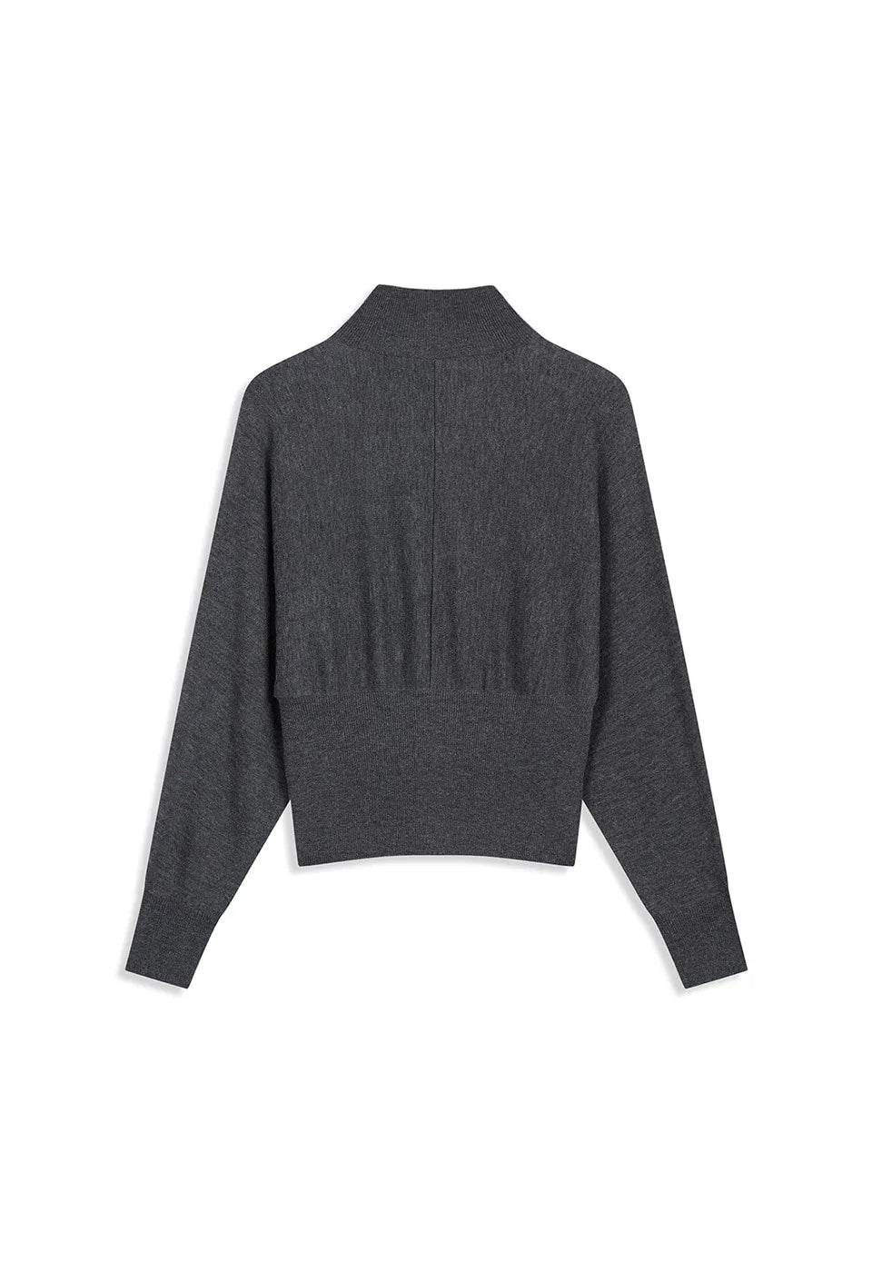 Back view of OPENYY Knitted Button Up Blouson Cardigan in Charcoal Black