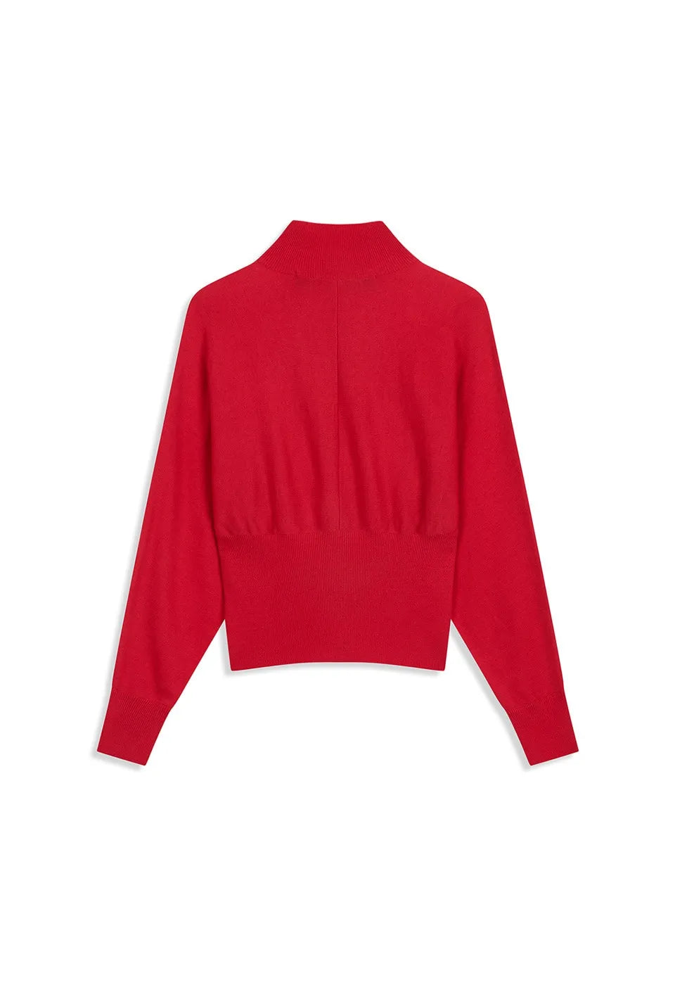 Back view of OPENYY Knitted Button Up Blouson Cardigan in Red