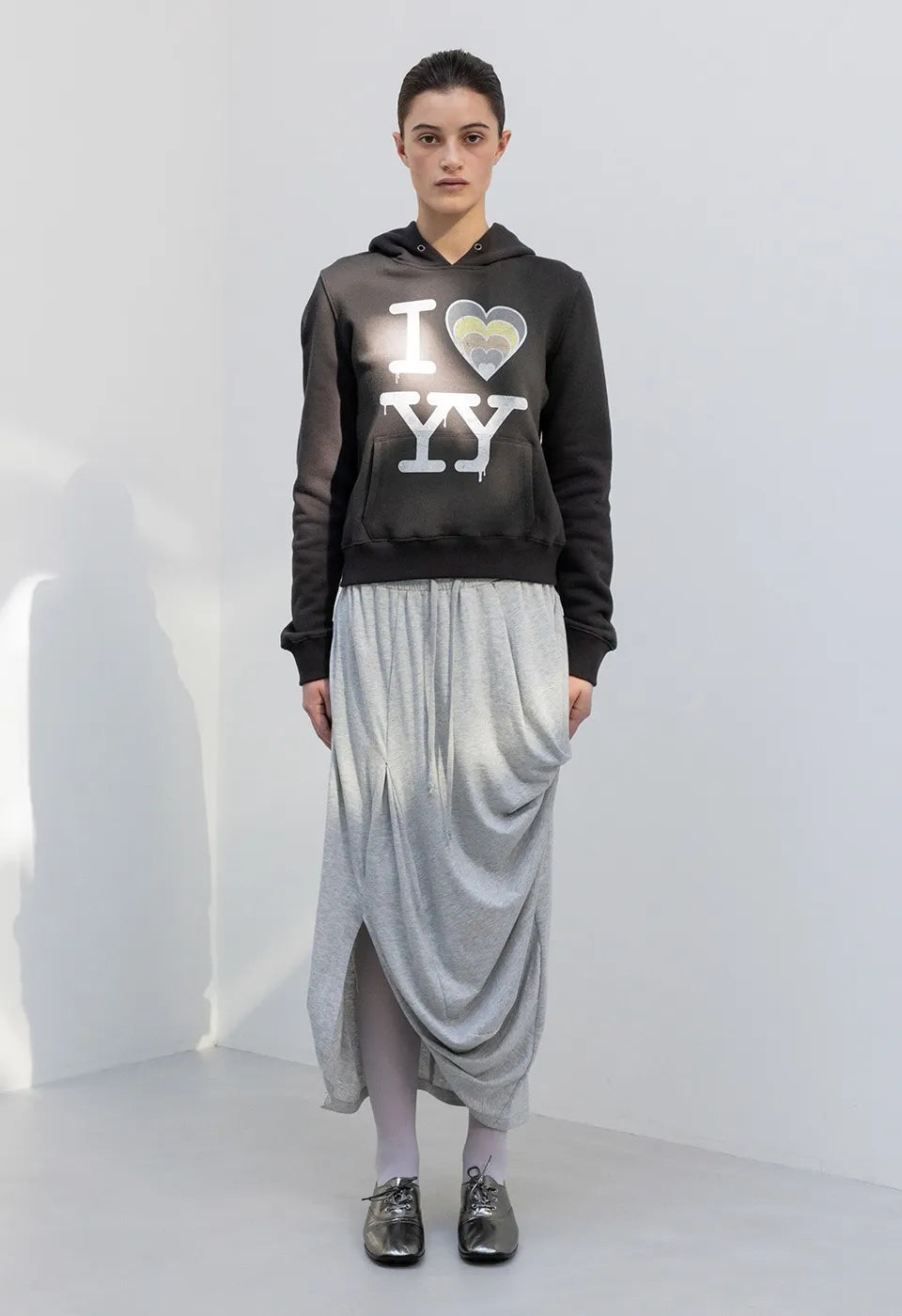 OPENYY Knitted I Love YY Fit Hoodie in Black worn