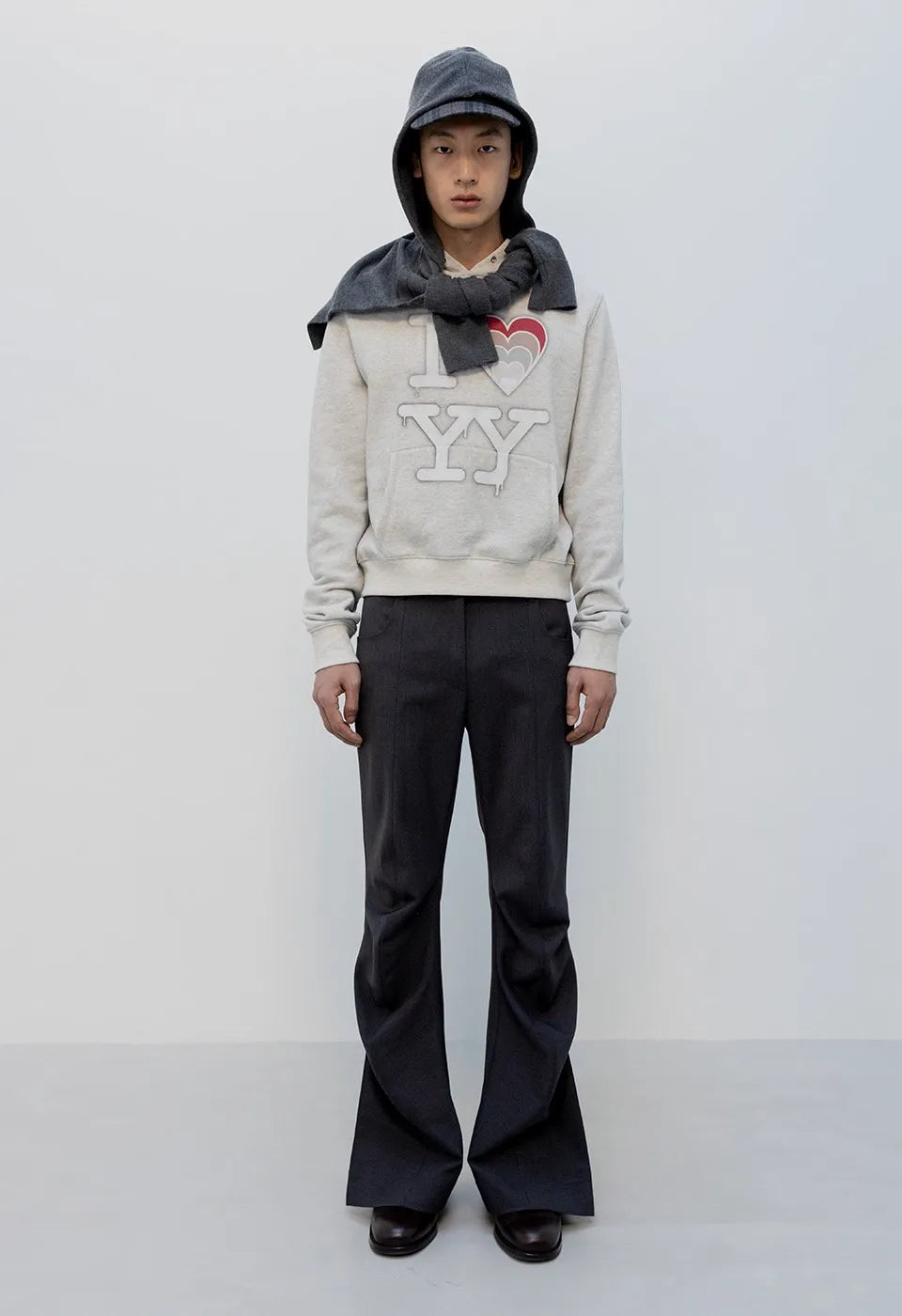 OPENYY Knitted I Love YY Fit Hoodie in Grey worn