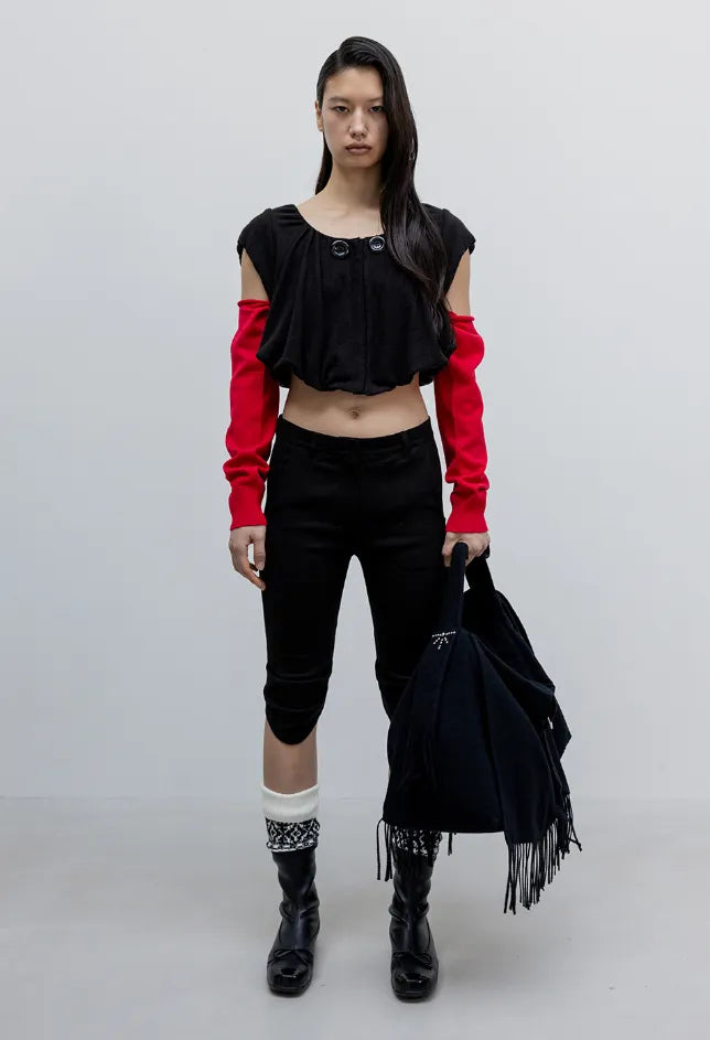 OPENYY Round Cut Capri Shorts in Black worn
