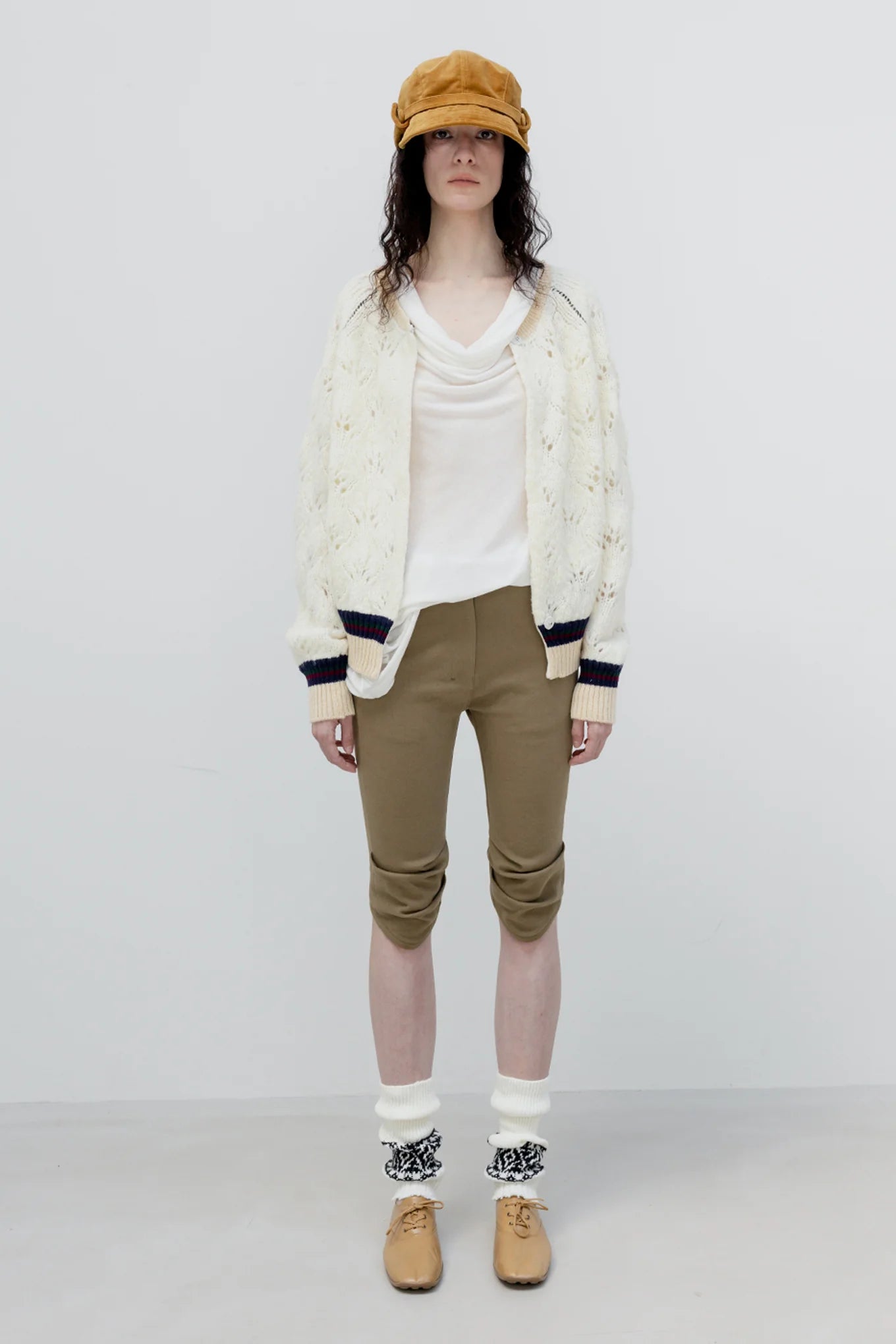OPENYY Round Cut Capri Shorts in Khaki Green worn