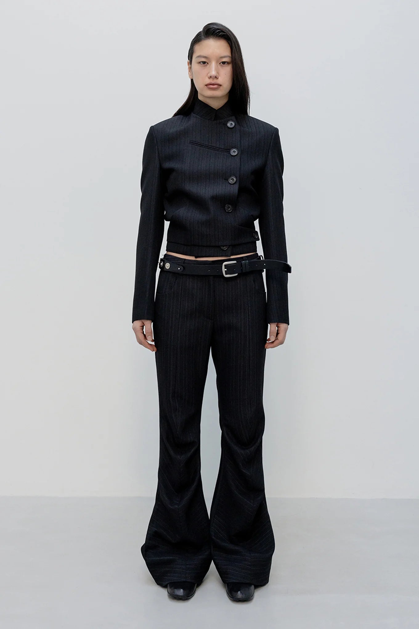 OPENYY Stripe Tailored Bootcut Pants in Black worn