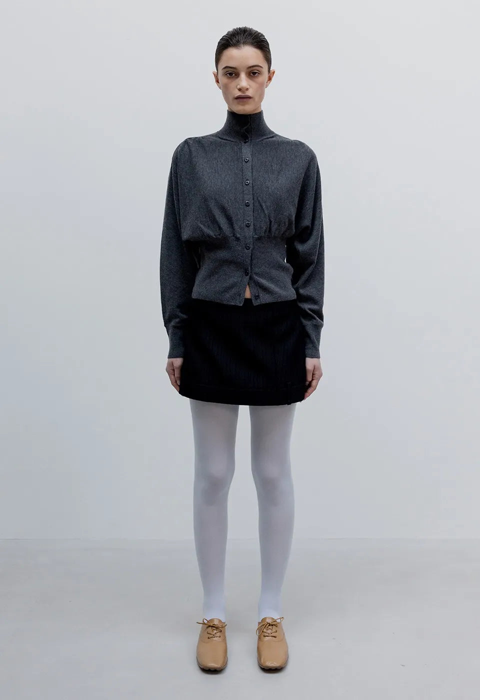 OPENYY Tailored Trouser Mini Skirt in Black worn
