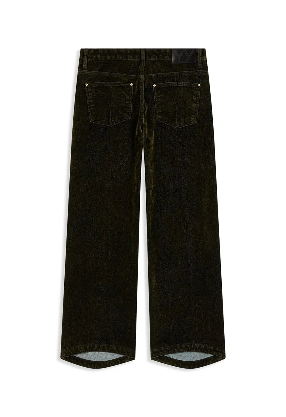 Back view of OPENYY Velvet Denim Curved Jean in Dark Olive