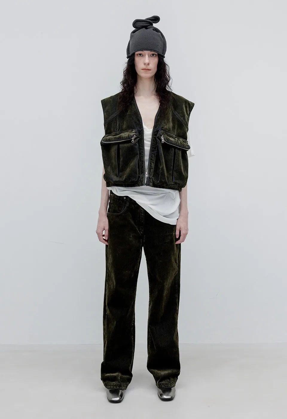 OPENYY Velvet Denim Curved Jean in Dark Olive worn