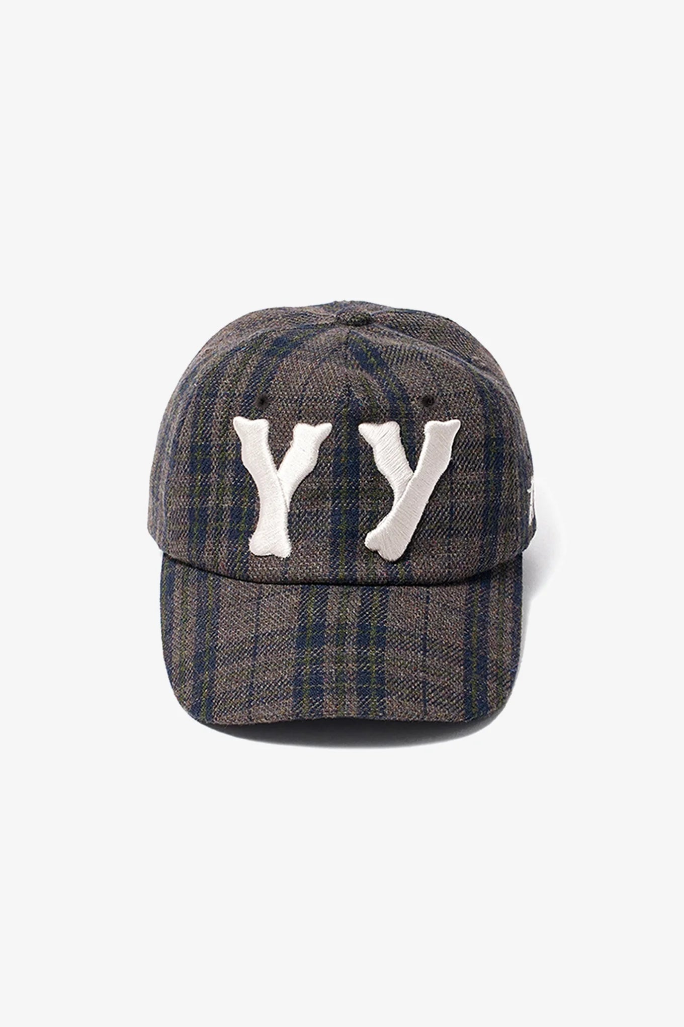 Front detail of OPENYY YY Checkered Heart Bone Ball Cap in Brown