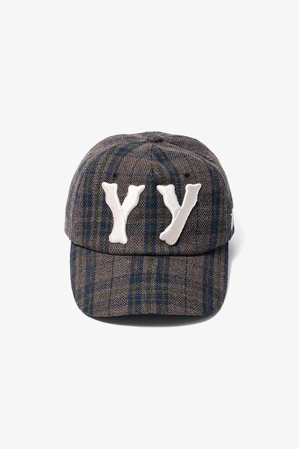 Front detail of OPENYY YY Checkered Heart Bone Ball Cap in Brown