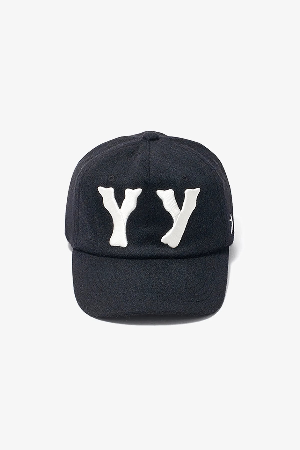 Front detail of OPENYY YY Wool Heart Bone Ball Cap in Black