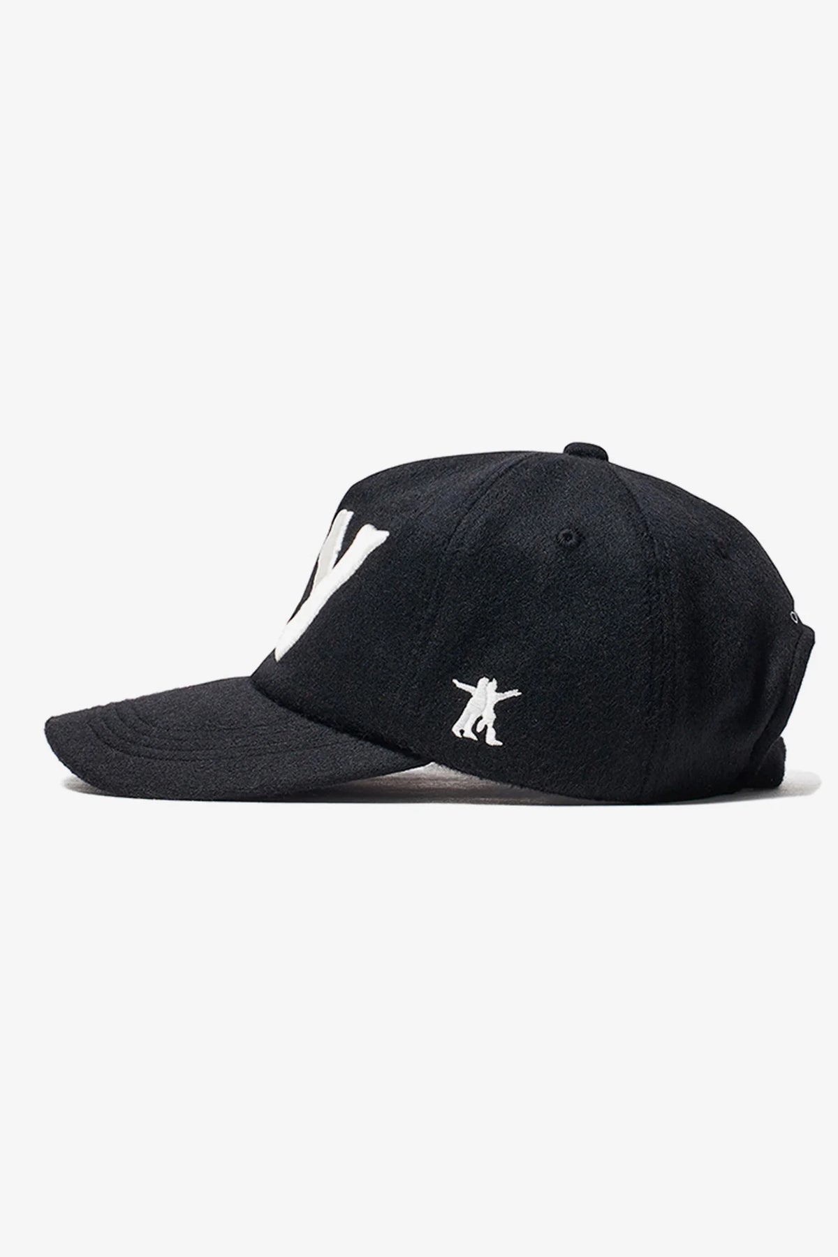 Side view of OPENYY YY Wool Heart Bone Ball Cap in Black