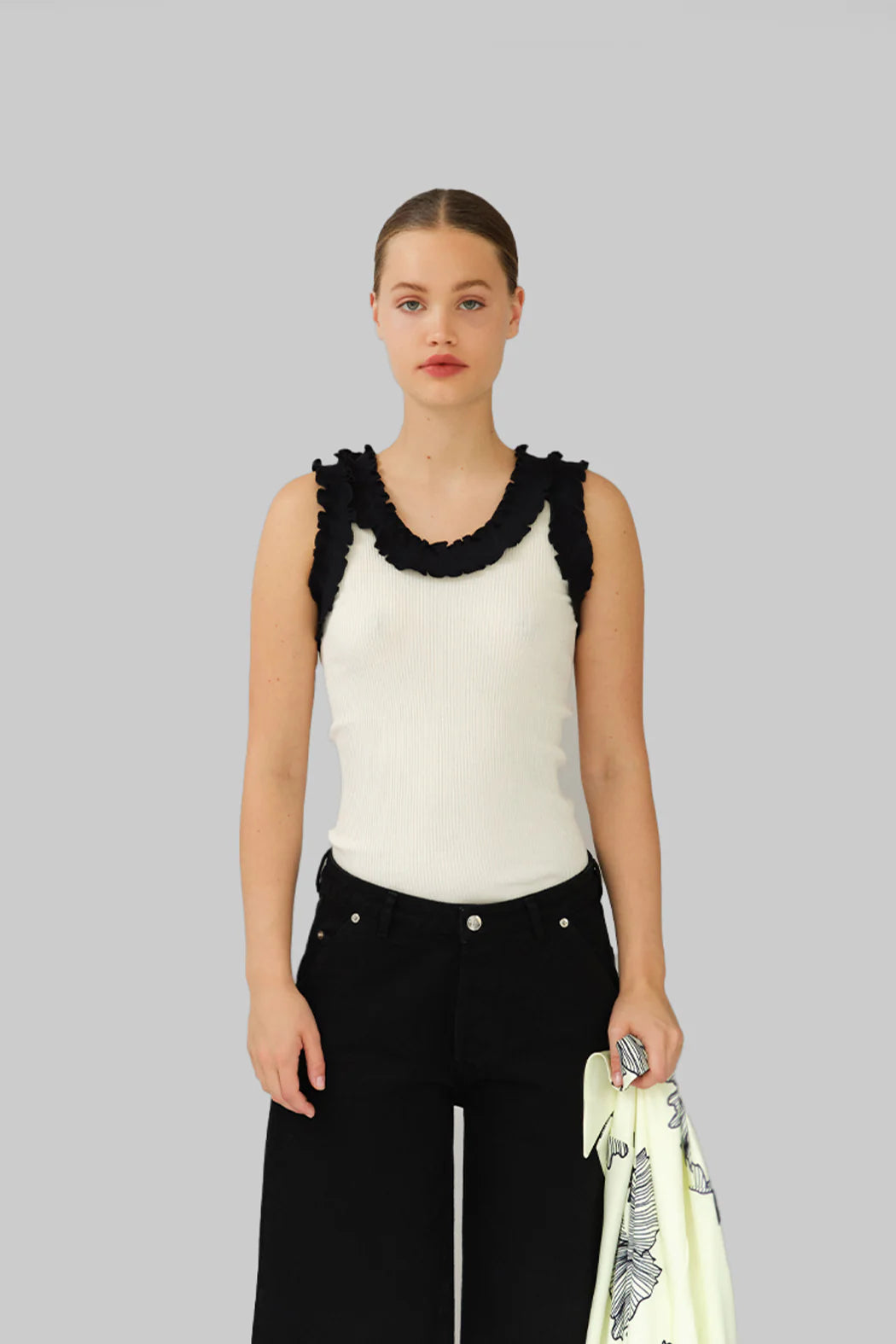 Model wearing OperaSPORT Rosalie Seamless Top White close-up