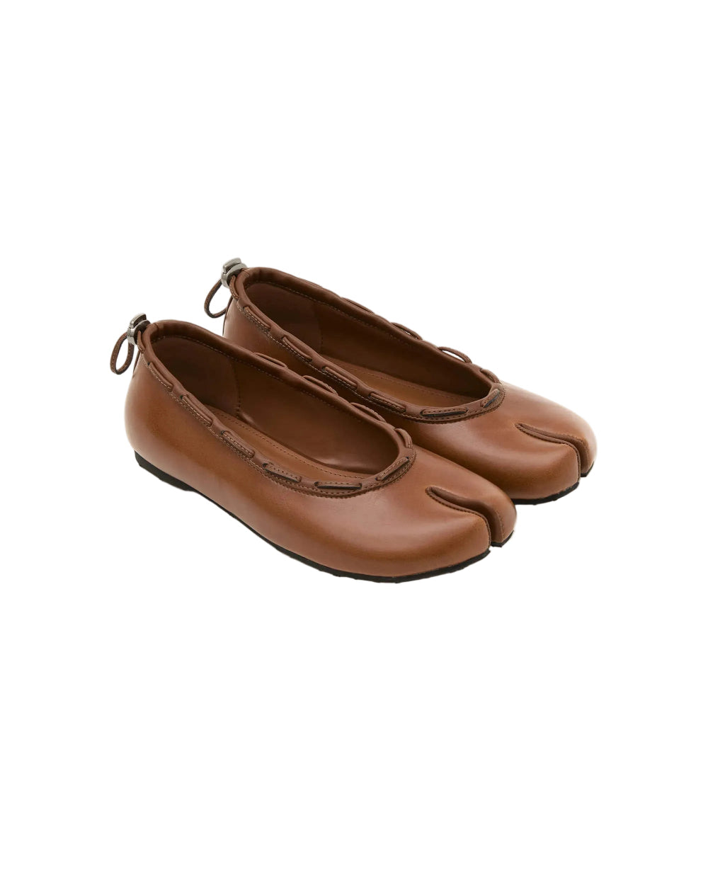 Angled view PAES leather string flat brown modern tabi shoes