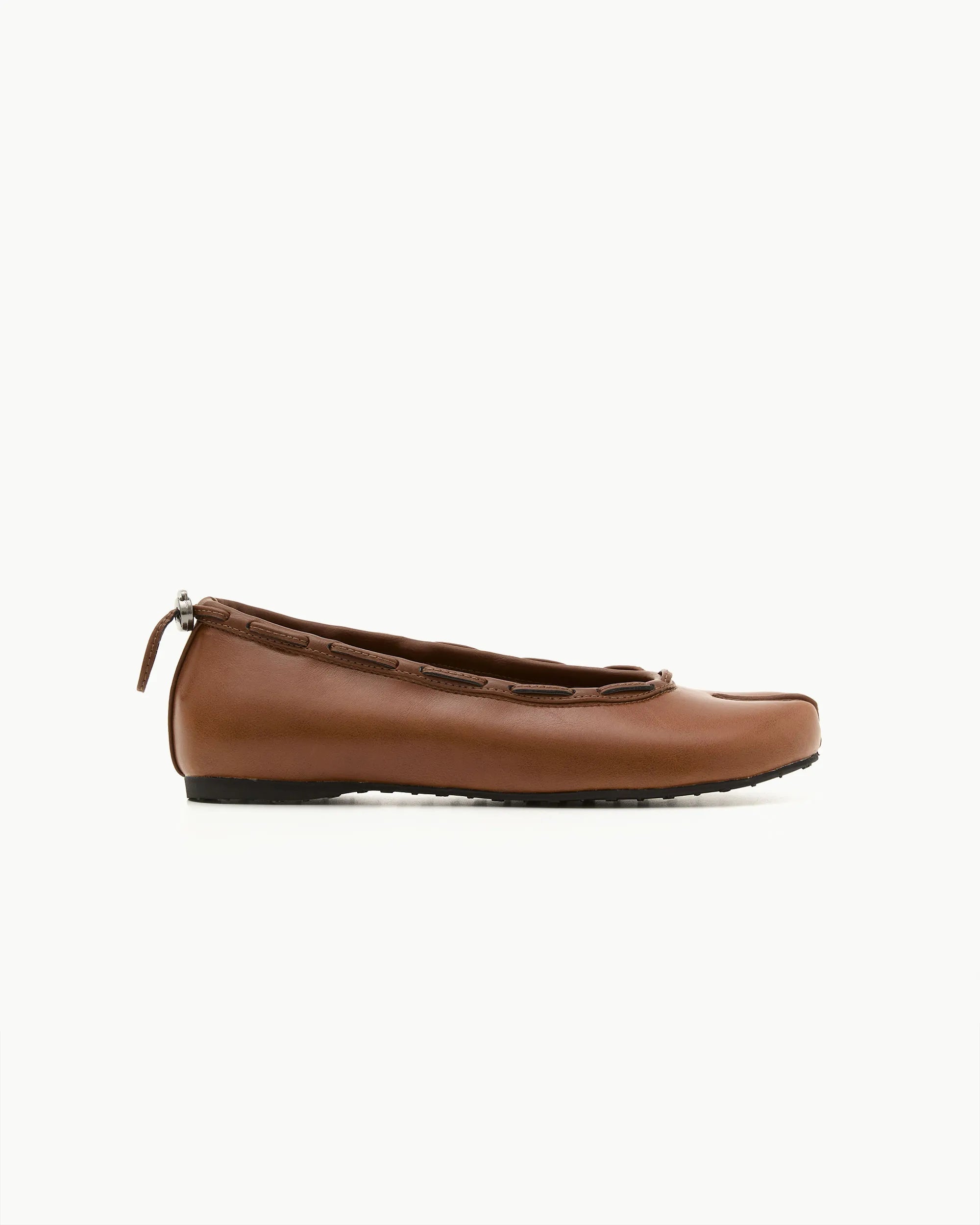 Side view PAES leather string flat brown minimalist tabi shoes