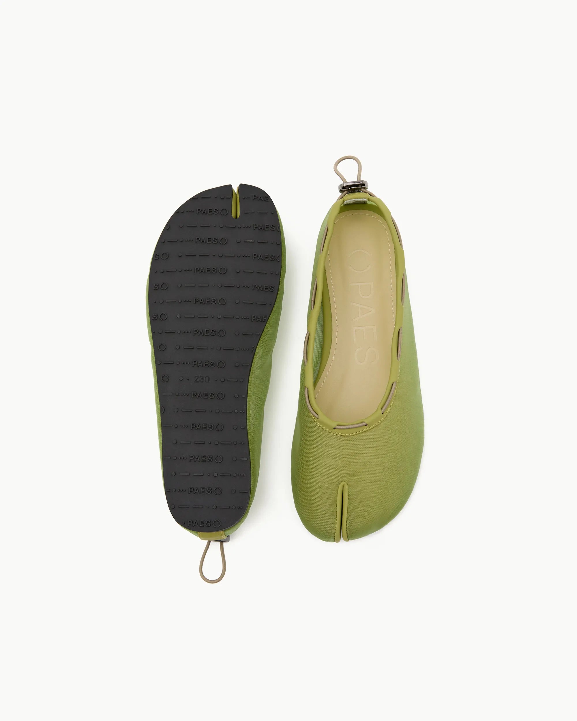 PAES mesh air string flat lime outsole and top view tabi design