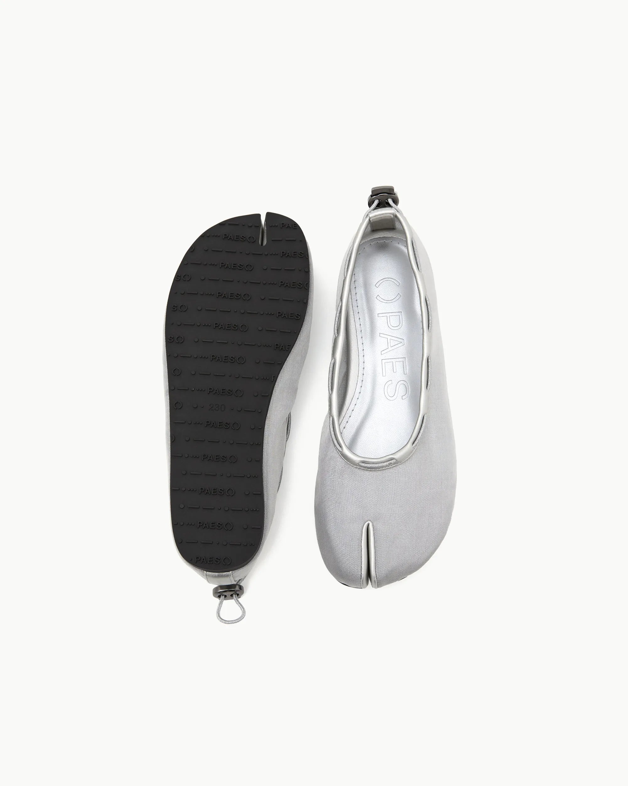 Outsole and pair view PAES mesh air string flat silver durable sole