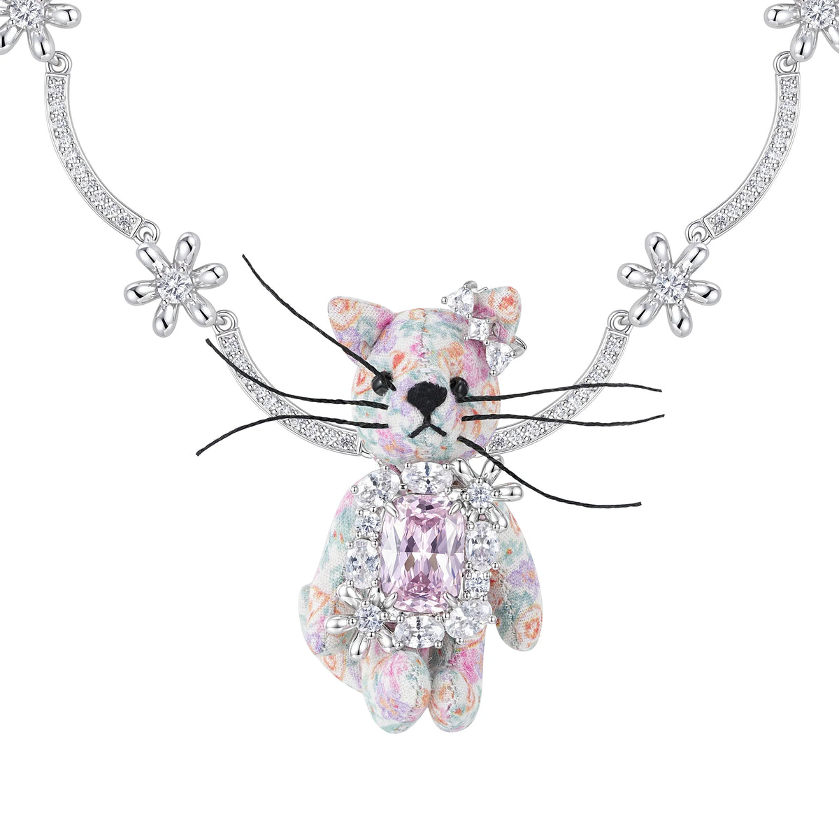 Paradise Floral Cat Bow Ribbon Necklace front view