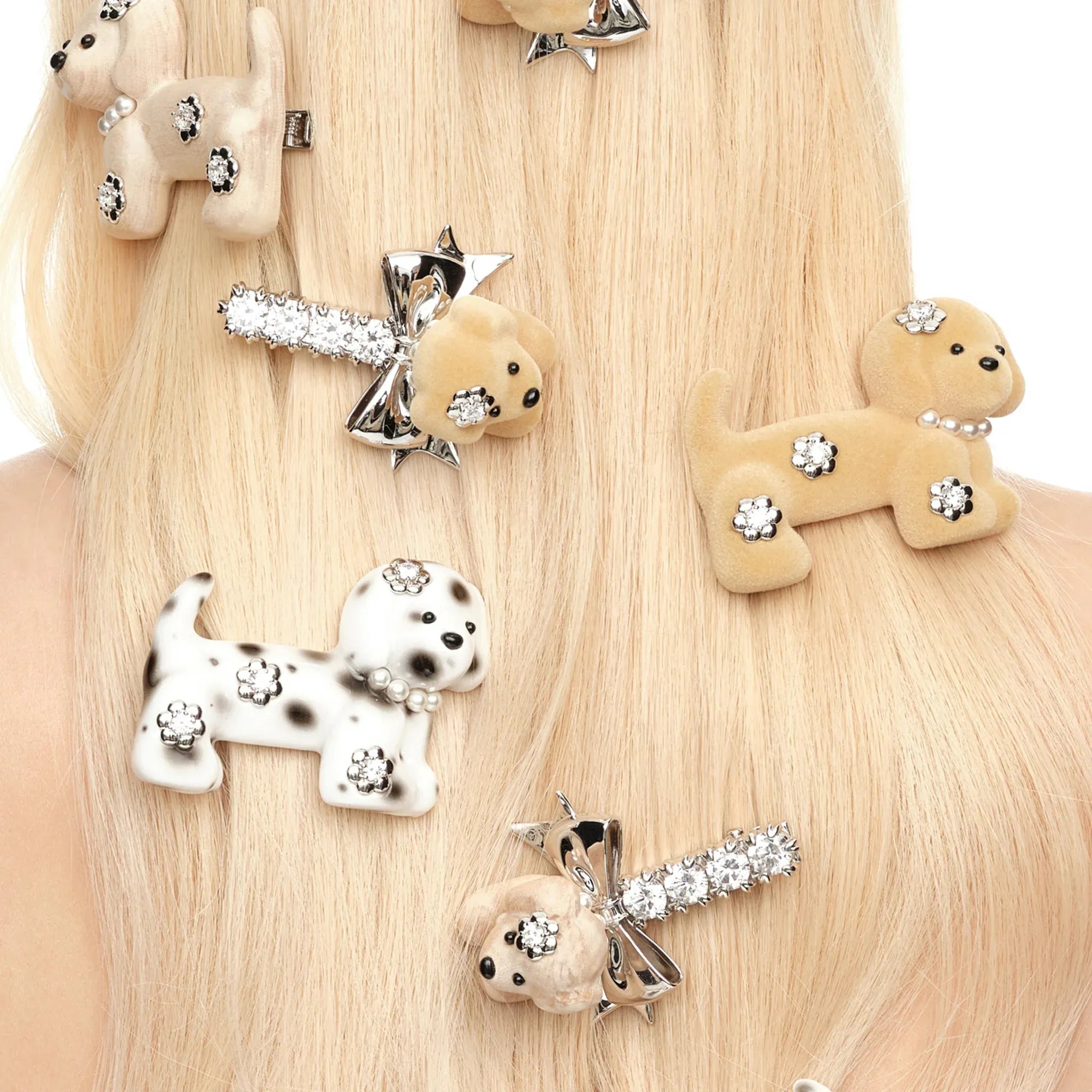 Paradise Flower Decoration Puppy Hair Clips white dalmatian and light brown styled together on blonde hair