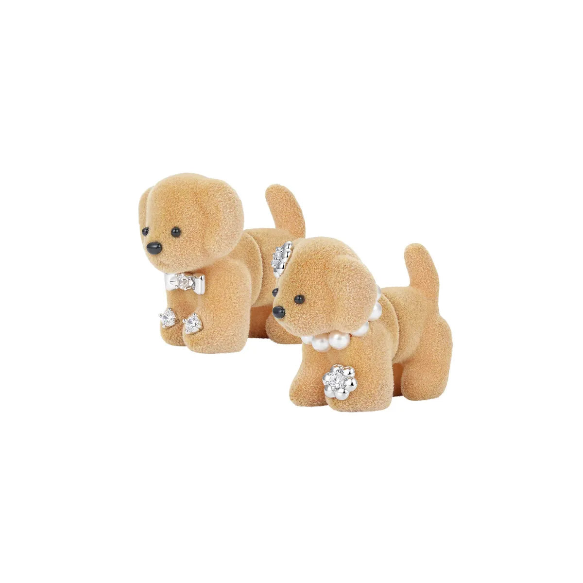 Paradise Split Puppy Earring in light brown flocking velvet with crystal flowers front pair view