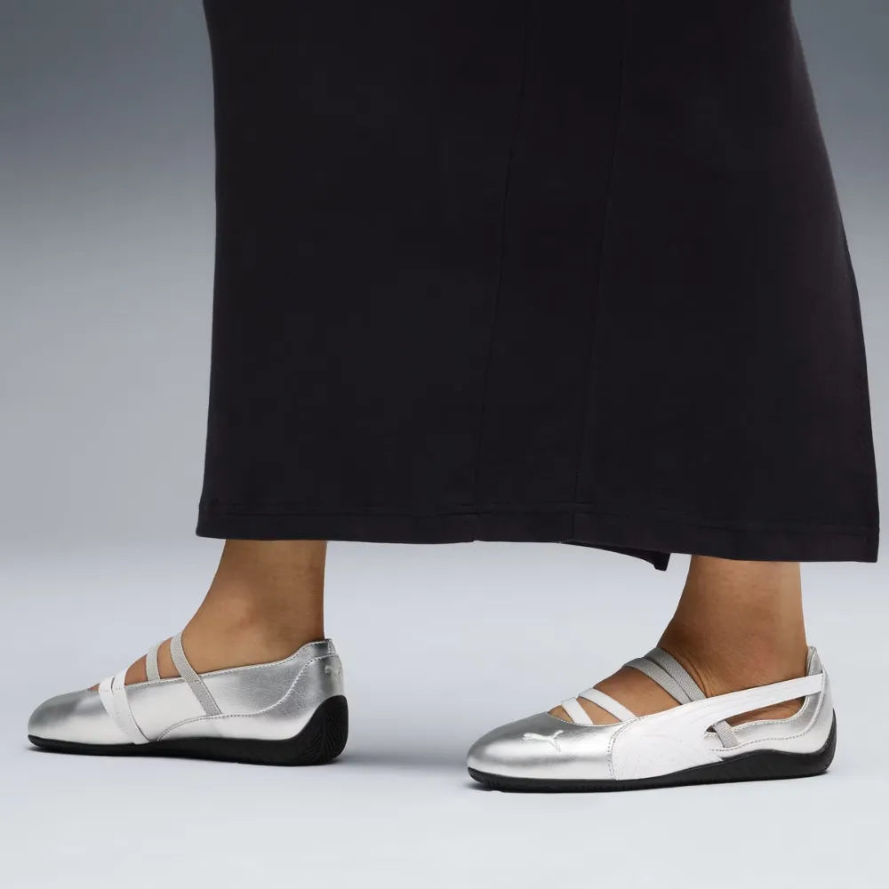 On foot detail of PUMA Speedcat Ballet in Metallic Silver White